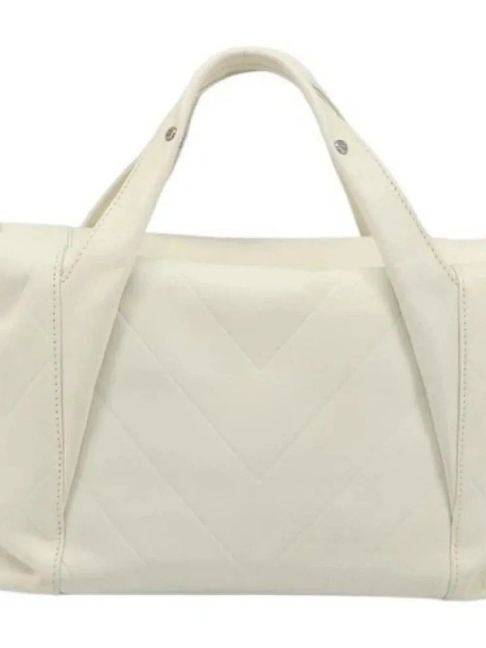 CHANEL V Stitch Hand Bag Lamb Skin White Silver CC Auth BA13606V